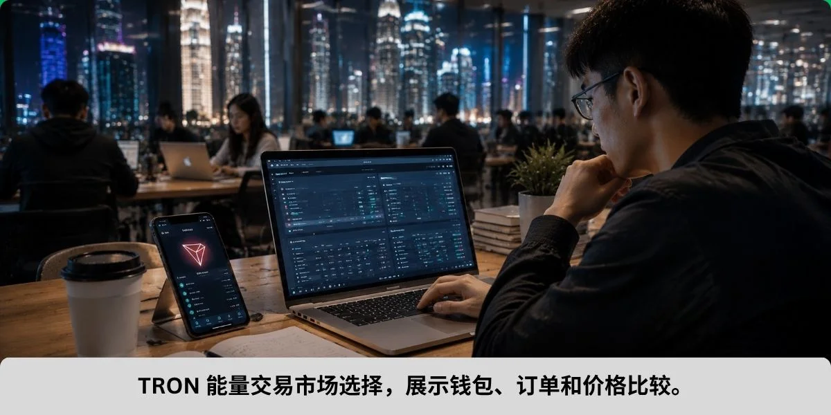 TRON 能量交易市场选择，展示钱包、订单和价格比较