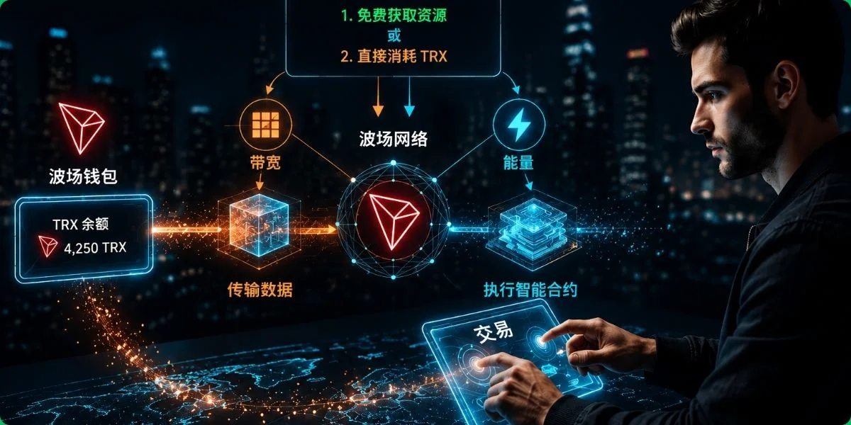 TRON 能量、带宽和 TRX 手续费机制图，展示波场网络资源 and USDT 转账费用