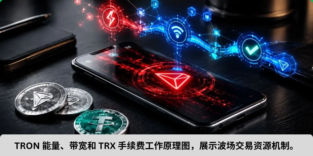 TRON 能量、带宽和 TRX 手续费工作原理图，展示波场交易资源机制