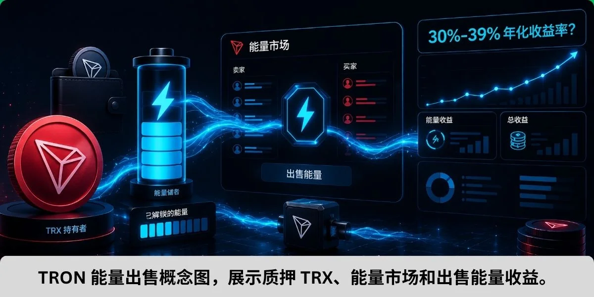TRON 能量出售概念图，展示质押 TRX、能量市场和出售能量收益
