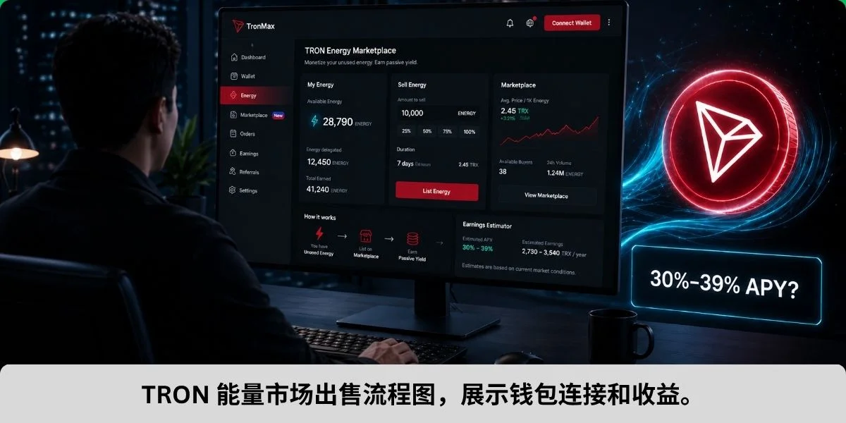 TRON 能量市场出售流程图，展示钱包连接和收益