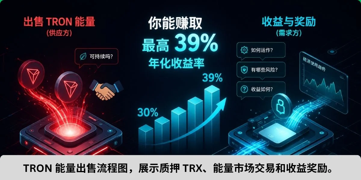 TRON 能量出售流程图，展示质押 TRX、能量市场交易和收益奖励