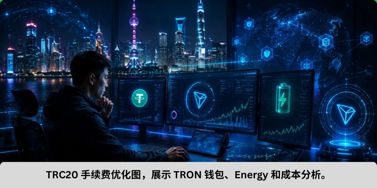 TRC20 手续费优化图，展示 TRON 钱包、Energy 和成本分析