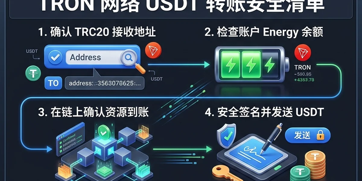 TRON 网络 USDT 转账概念图,展示区块链钱包与数字支付