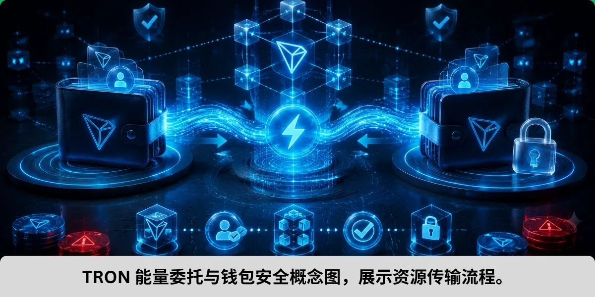 TRON 能量委托与钱包安全概念图,展示资源传输流程