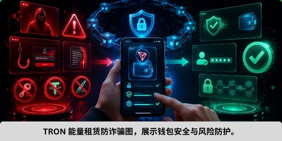 TRON 能量租赁防诈骗图,展示钱包安全与风险防护