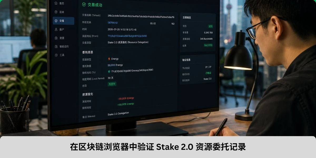 在区块链浏览器中验证 Stake 2.0 资源委托记录