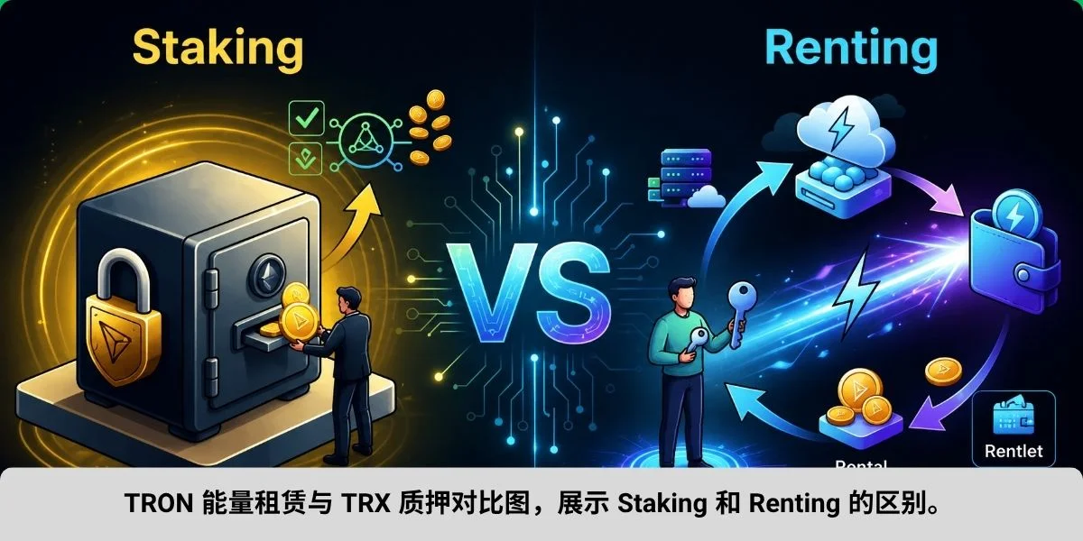 TRON 能量租赁与 TRX 质押对比图，展示 Staking 和 Renting 的区别