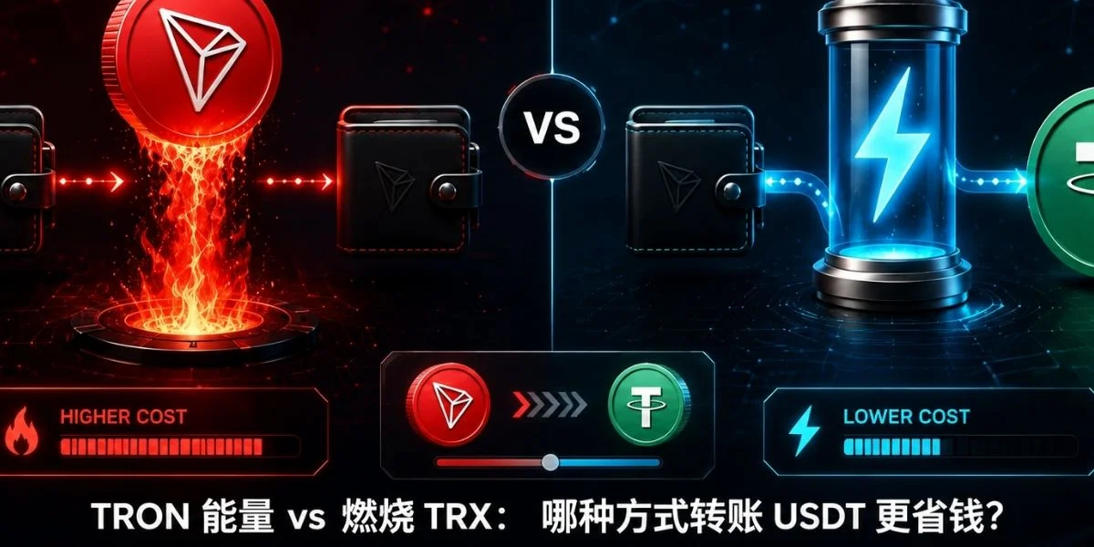 TRON 能量与燃烧 TRX 对比图，展示 USDT 转账手续费差异