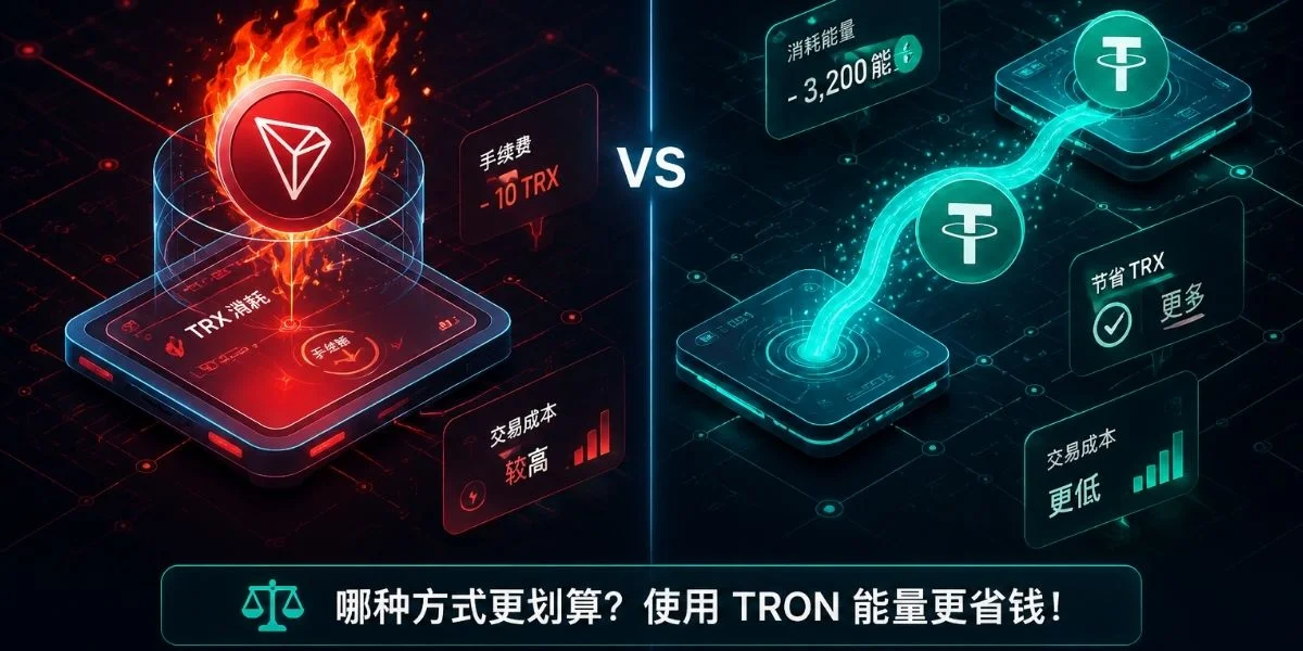 TRON 能量与燃烧 TRX 手续费对比图，展示 USDT 转账成本