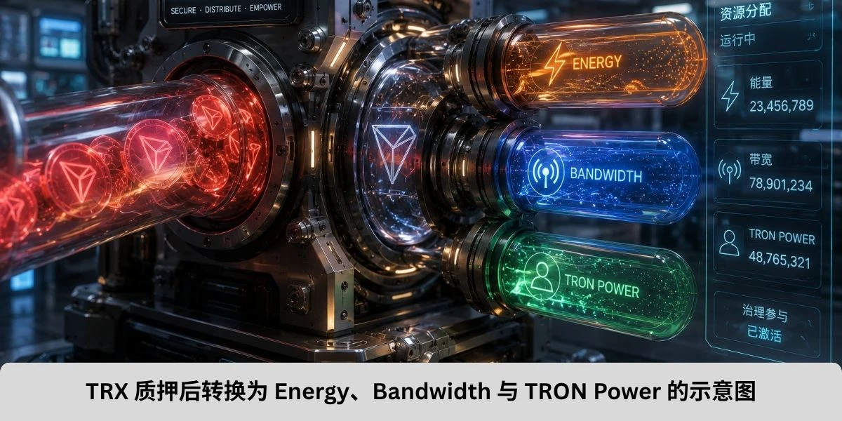 TRX 质押后转换为 Energy、Bandwidth 与 TRON Power 的示意图