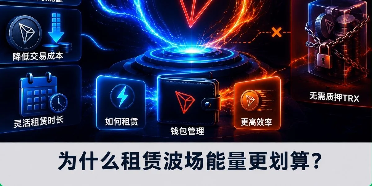 TRON 能量租赁优势图，展示快速获取能量、降低手续费和无需质押 TRX
