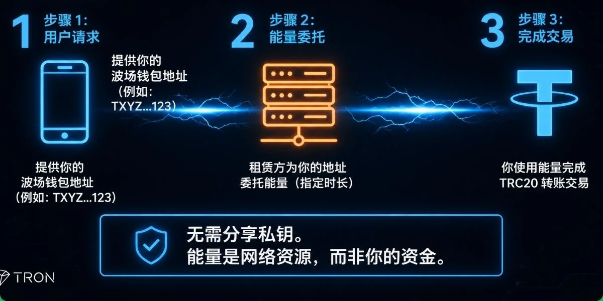 TRON 能量租赁流程图，展示钱包地址、能量委托和 TRC20 转账流程