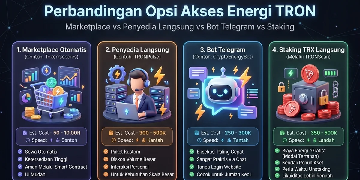 Marketplace vs Penyedia Langsung vs Bot Telegram vs Staking