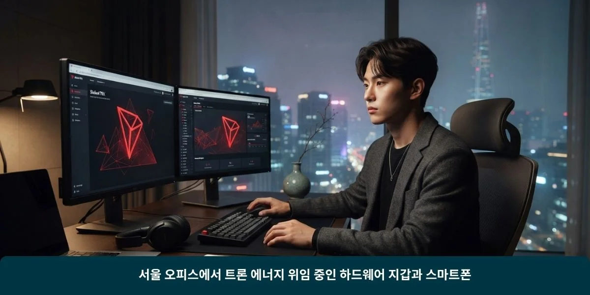 서울 오피스에서 트론 에너지 위임 중인 하드웨어 지갑과 스마트폰