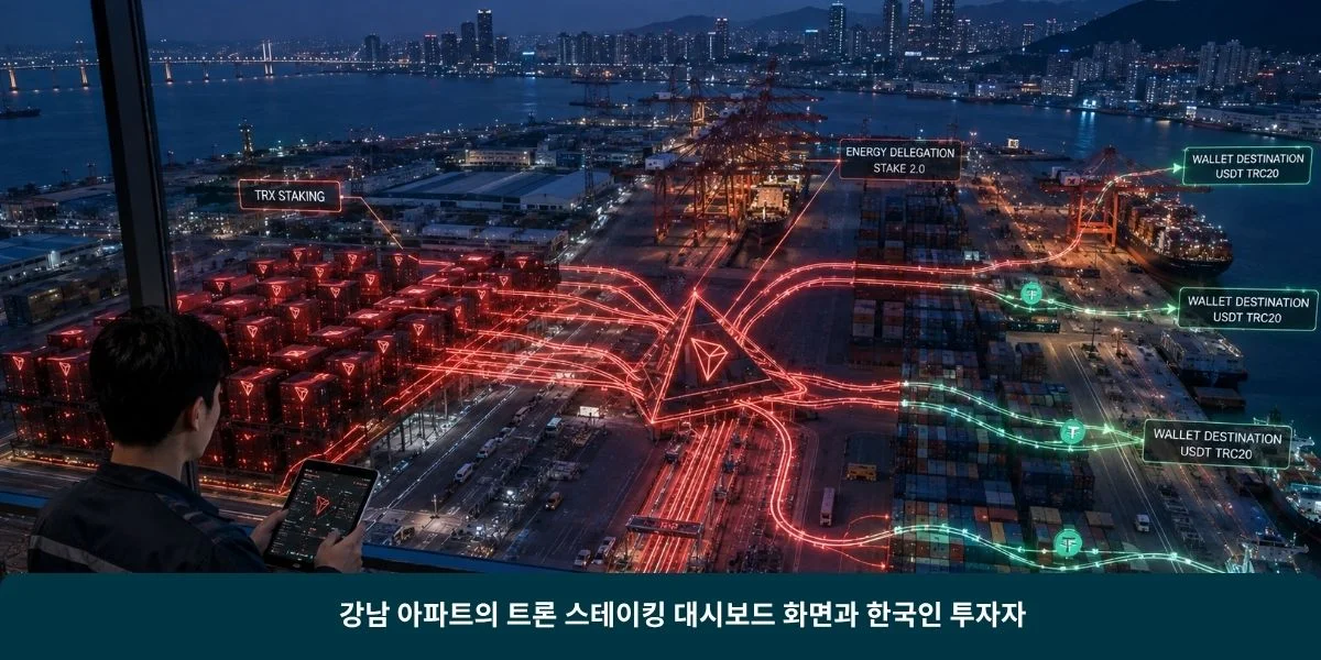 강남 아파트의 트론 스테이킹 대시보드 화면과 한국인 투자자