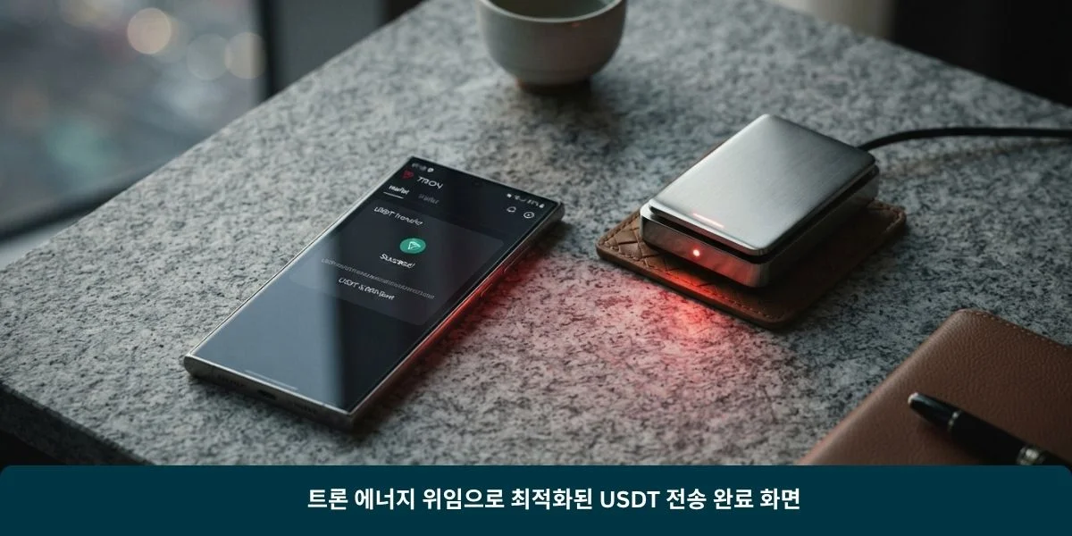 트론 에너지 위임으로 최적화된 USDT 전송 완료 화면