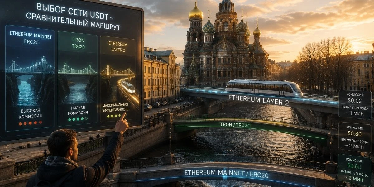 Сравнение сетей USDT TRC20, Ethereum ERC20 и Ethereum Layer 2 на фоне Санкт-Петербурга