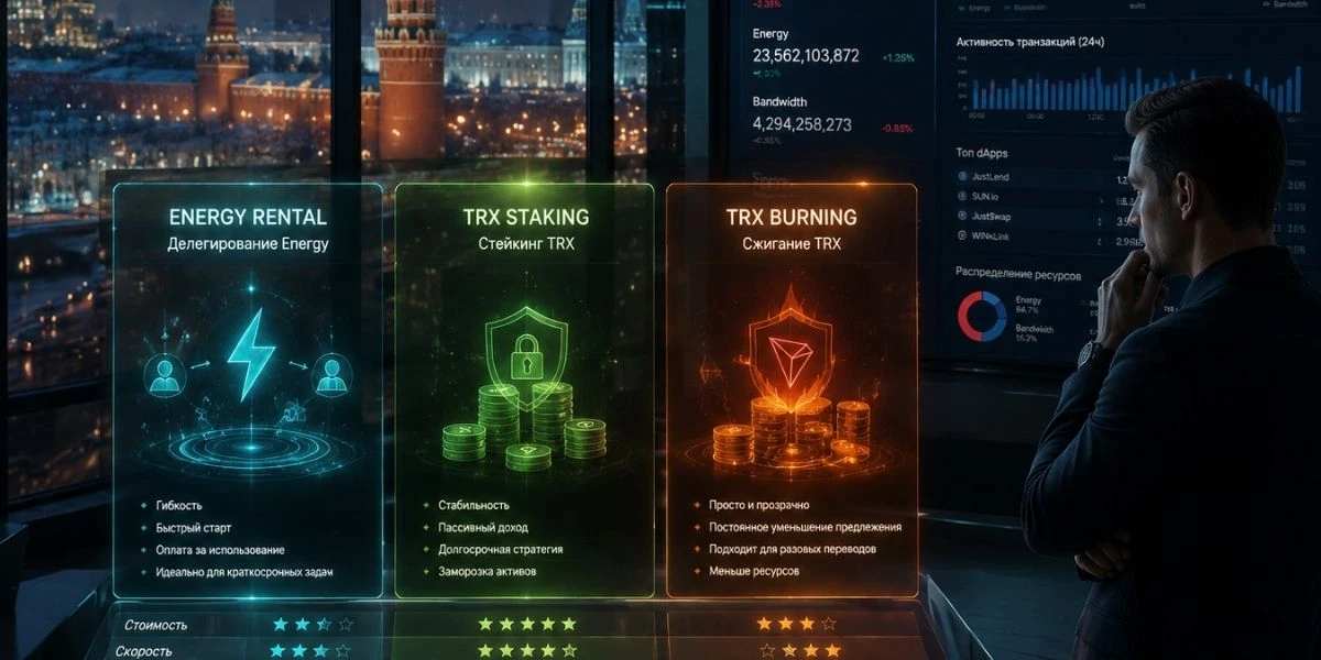 Сравнение аренды Energy TRON, стейкинга TRX и сжигания TRX