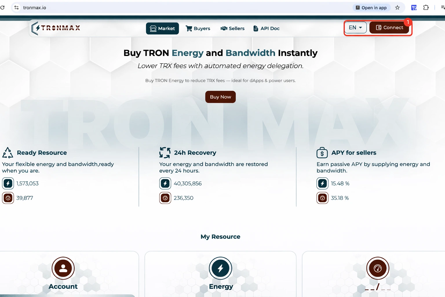 Нажатие кнопки Подключить на TronMax