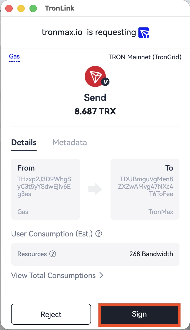 Всплывающее окно подписи TronLink - нажать Sign